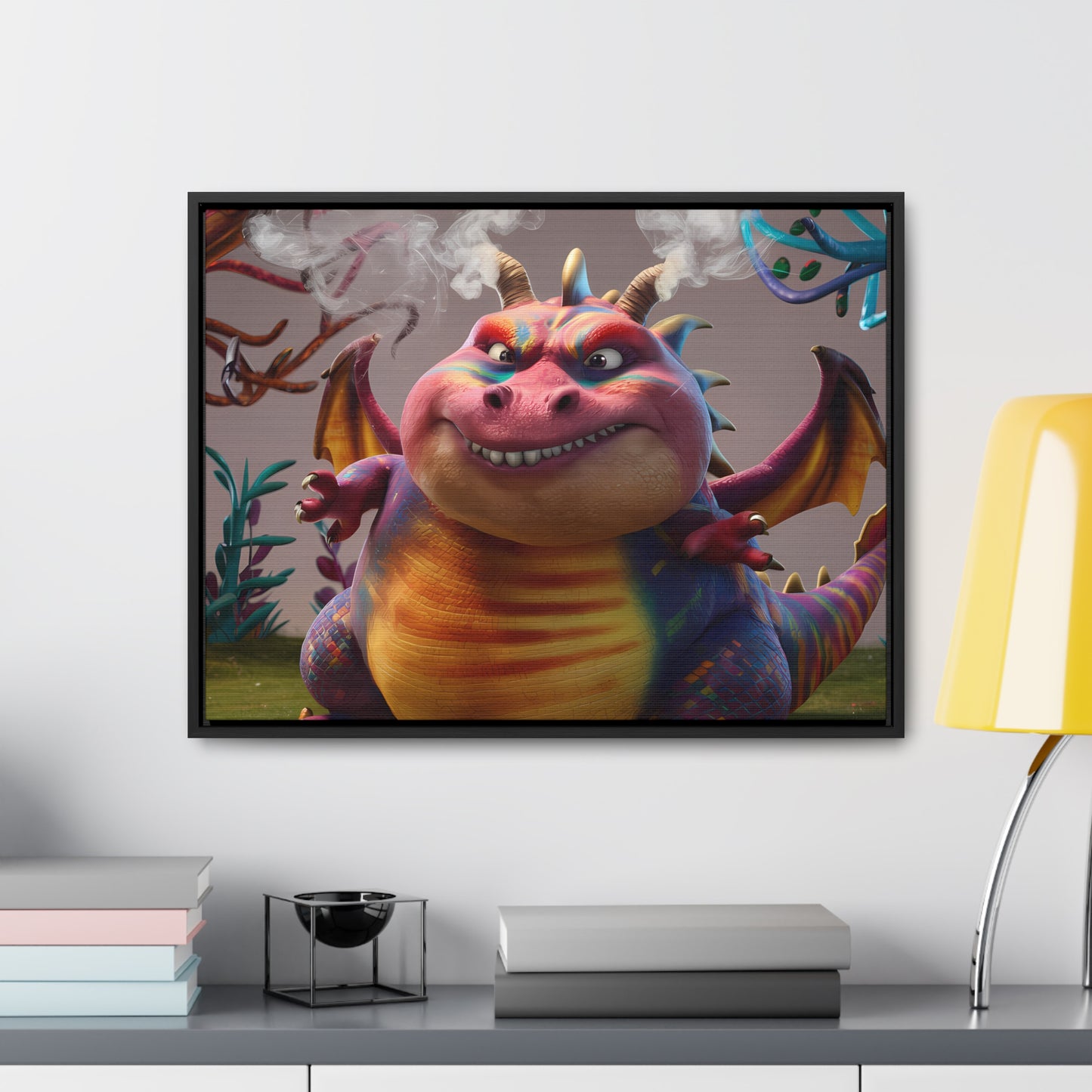 "Smug Rainbow Dragon in a Whimsical Forest" - Gallery Canvas Wraps, Horizontal Frame