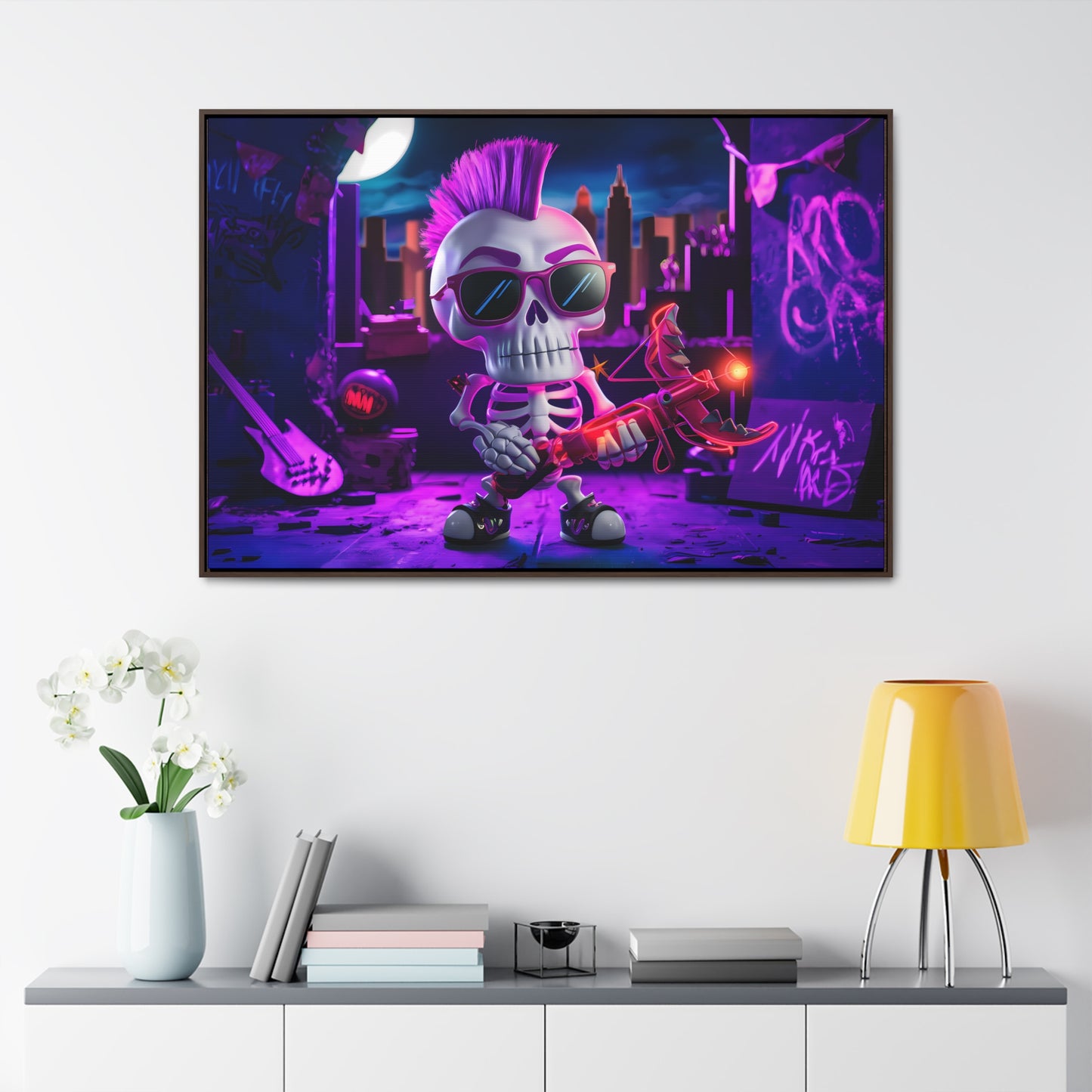 "Punk Rock Skeleton Warrior in Neon City" - Gallery Canvas Wraps, Horizontal Frame