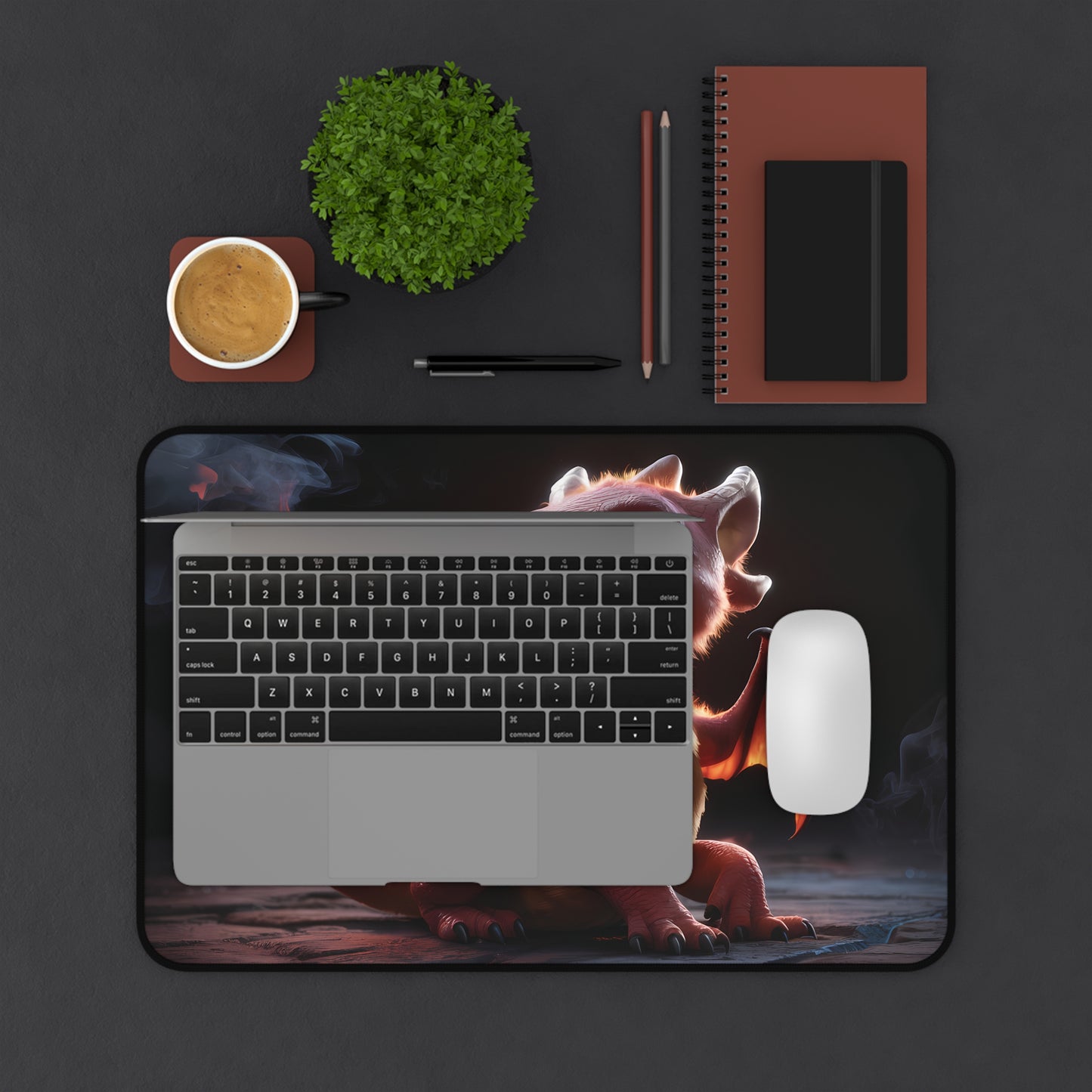 Cute baby Dragon breathes fire - Desk Mat