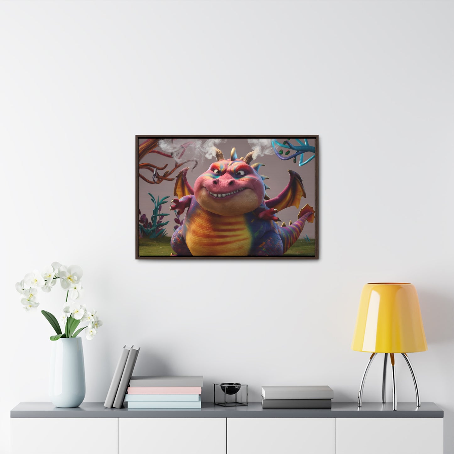 "Smug Rainbow Dragon in a Whimsical Forest" - Gallery Canvas Wraps, Horizontal Frame