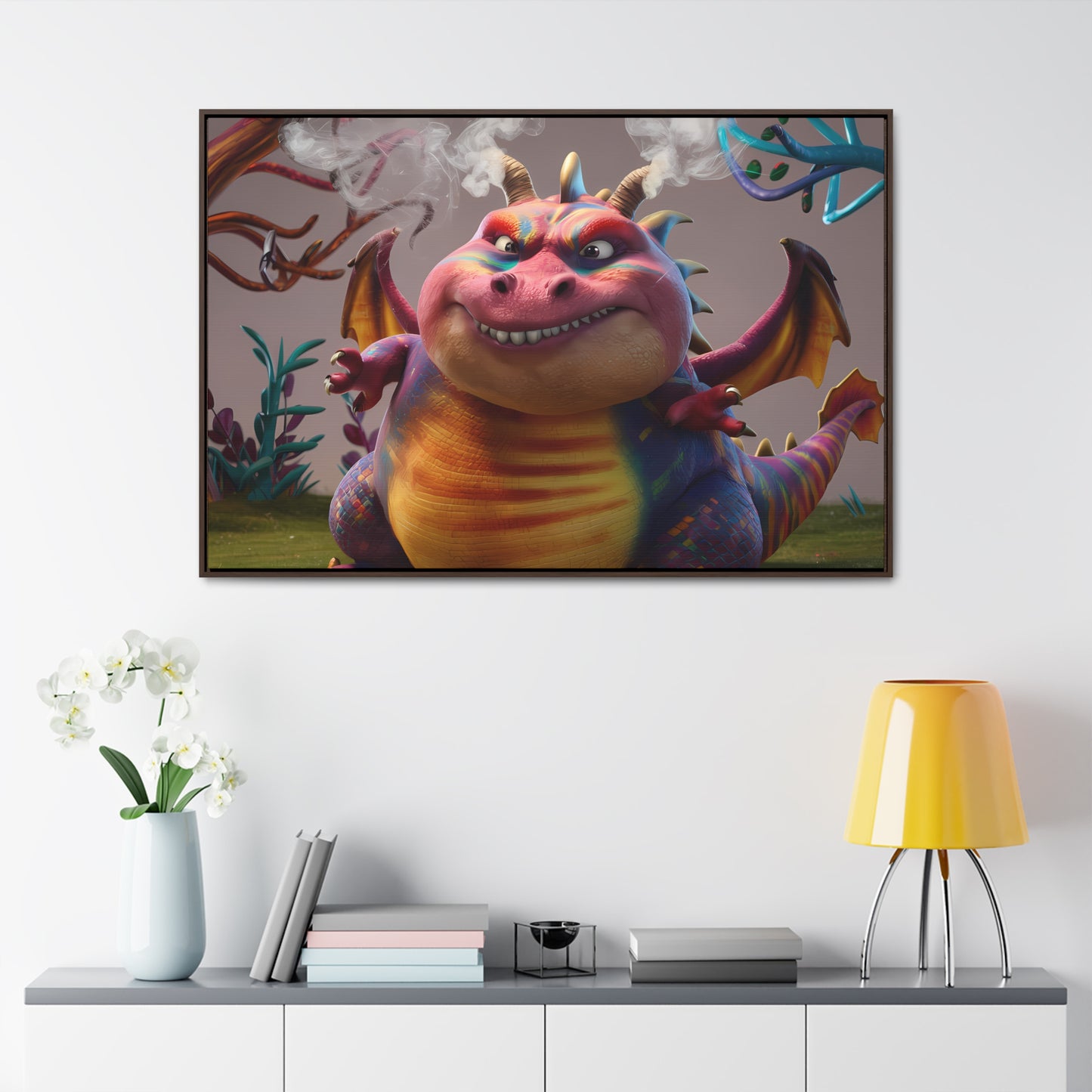 "Smug Rainbow Dragon in a Whimsical Forest" - Gallery Canvas Wraps, Horizontal Frame