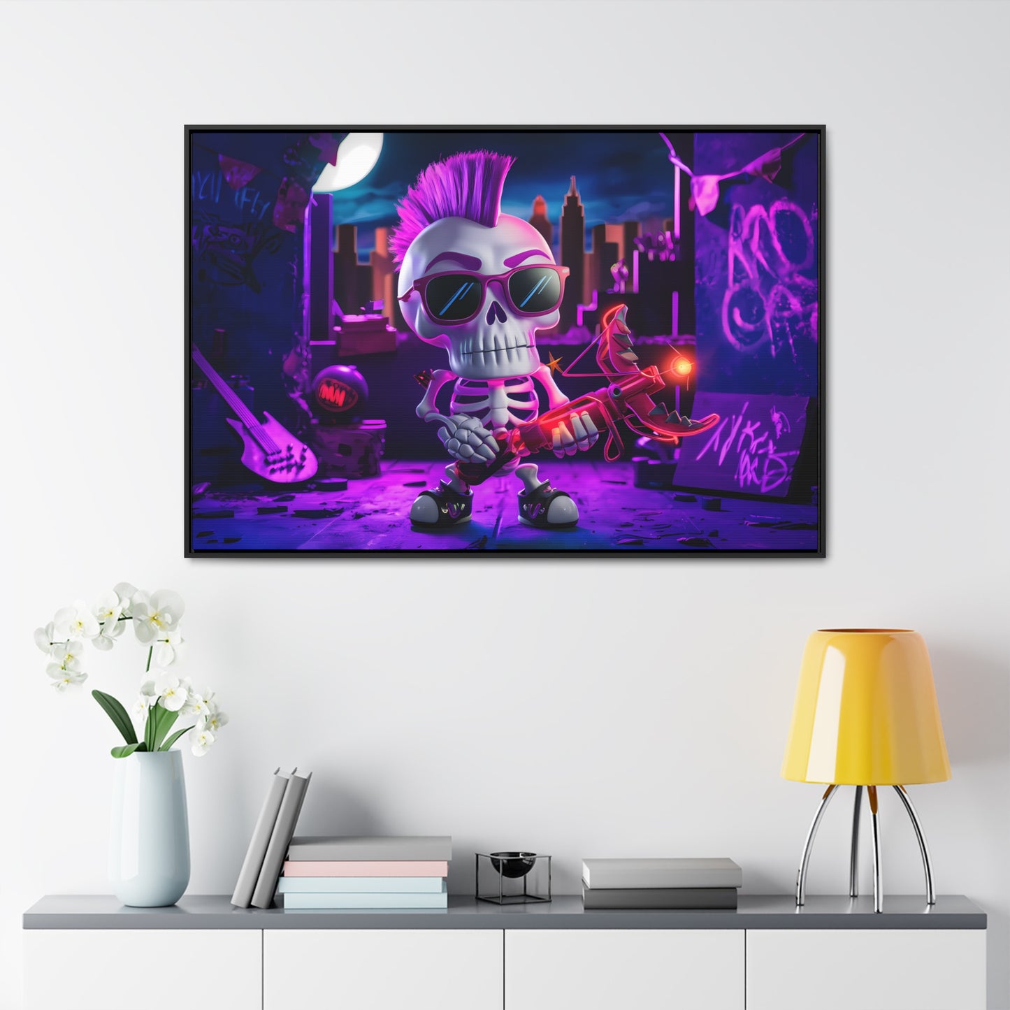 "Punk Rock Skeleton Warrior in Neon City" - Gallery Canvas Wraps, Horizontal Frame