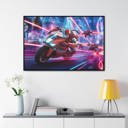Neon Pursuit: Cyberbike Showdown - Gallery Canvas Wraps, Horizontal Frame