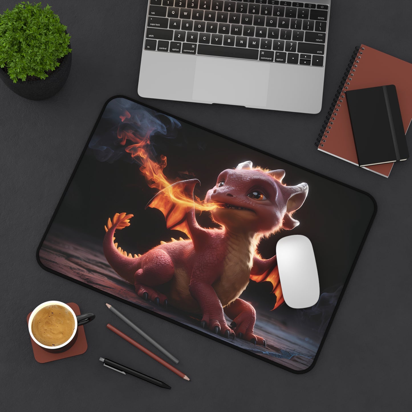 Cute baby Dragon breathes fire - Desk Mat