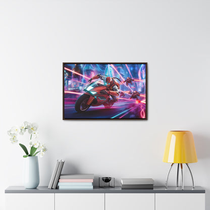 Neon Pursuit: Cyberbike Showdown - Gallery Canvas Wraps, Horizontal Frame