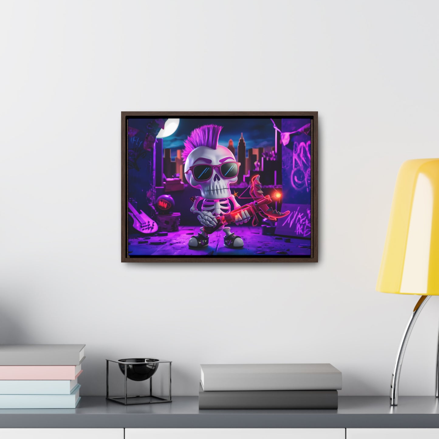 "Punk Rock Skeleton Warrior in Neon City" - Gallery Canvas Wraps, Horizontal Frame