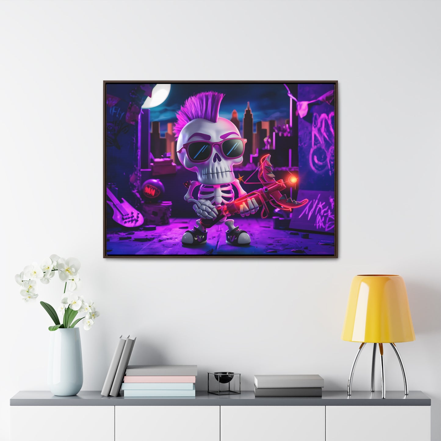 "Punk Rock Skeleton Warrior in Neon City" - Gallery Canvas Wraps, Horizontal Frame