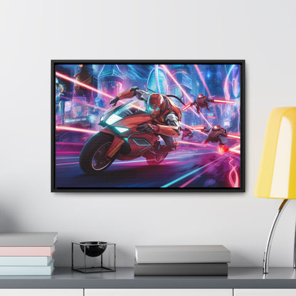 Neon Pursuit: Cyberbike Showdown - Gallery Canvas Wraps, Horizontal Frame