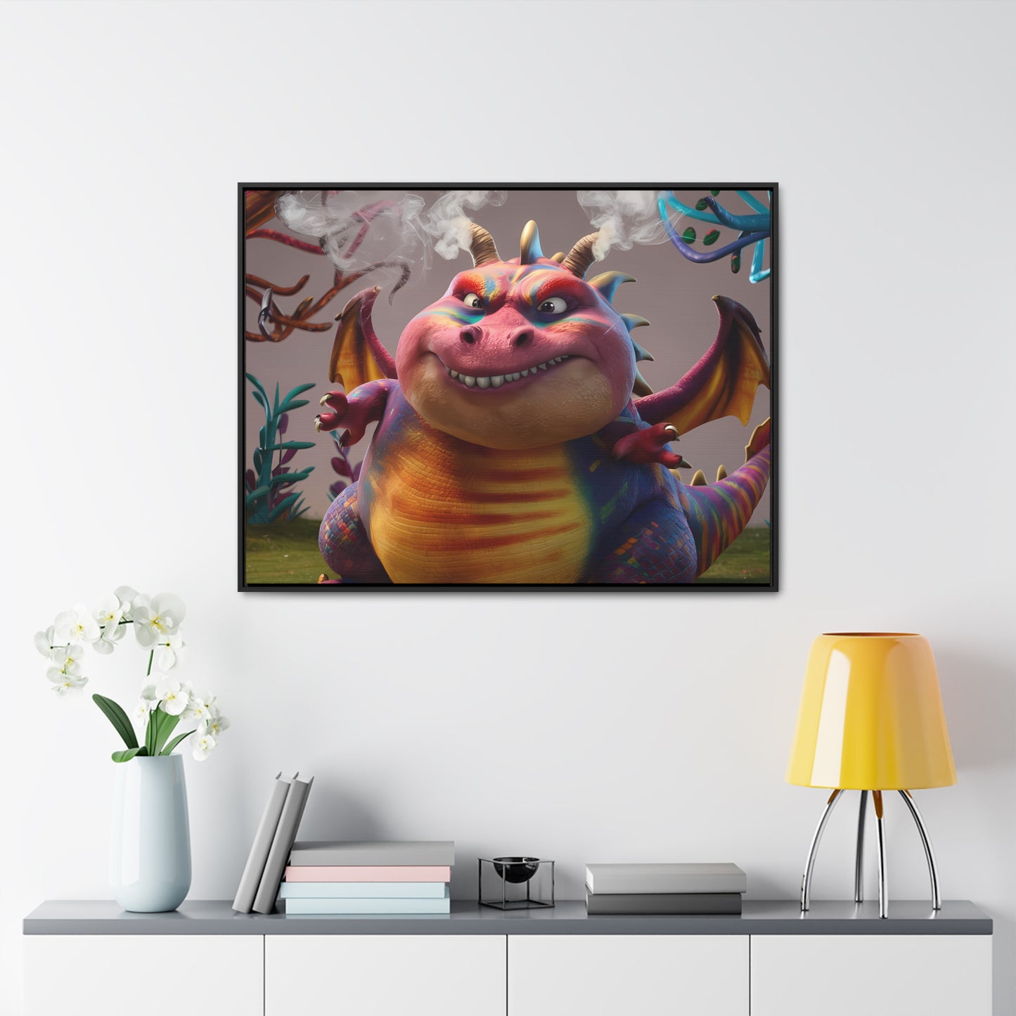 "Smug Rainbow Dragon in a Whimsical Forest" - Gallery Canvas Wraps, Horizontal Frame