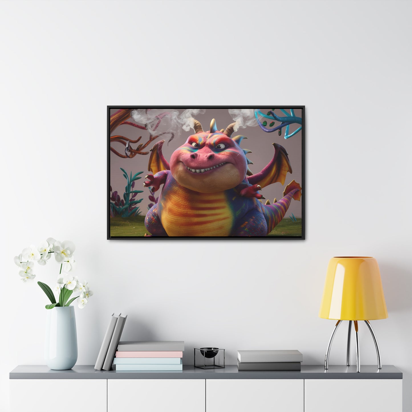 "Smug Rainbow Dragon in a Whimsical Forest" - Gallery Canvas Wraps, Horizontal Frame